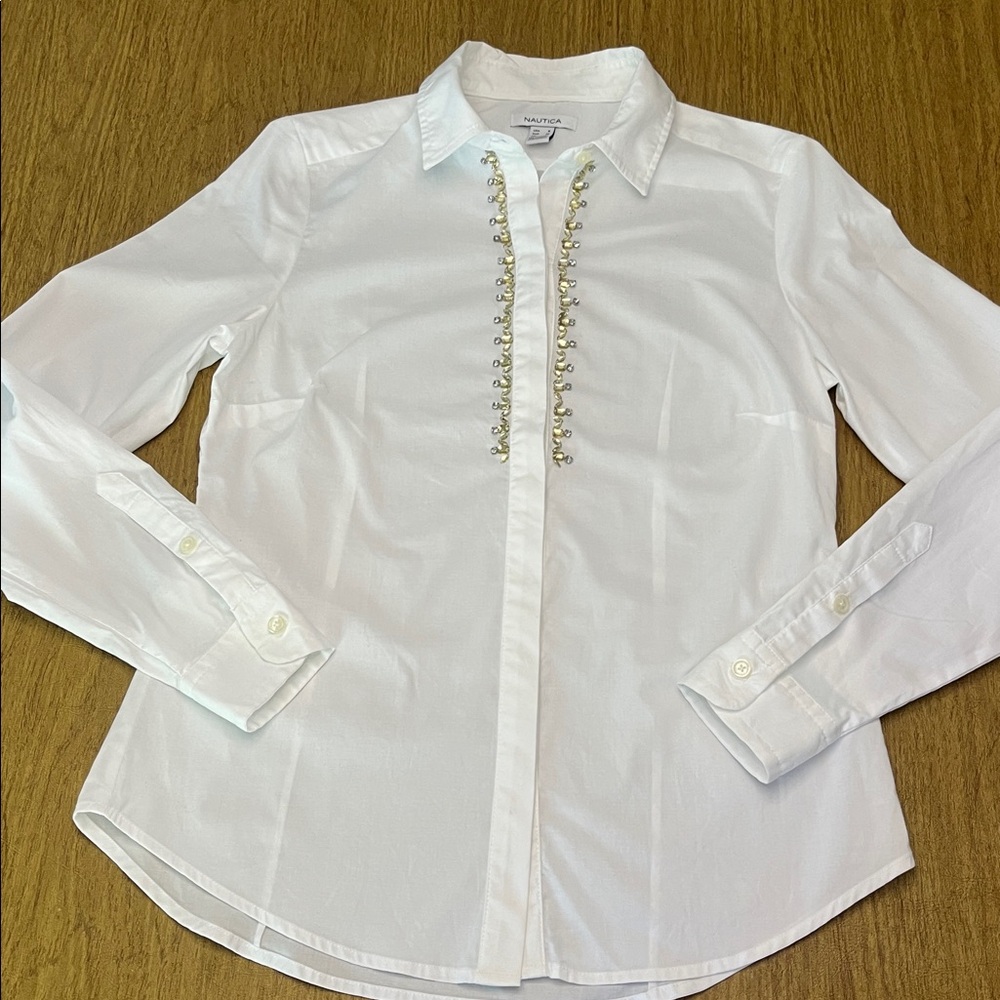 Nautica White Cotton Blend Button-Front Shirt with Crystal Embellishment, Sz S